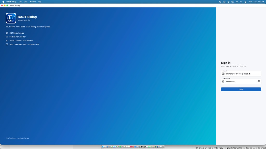 TomIT Billing login screen